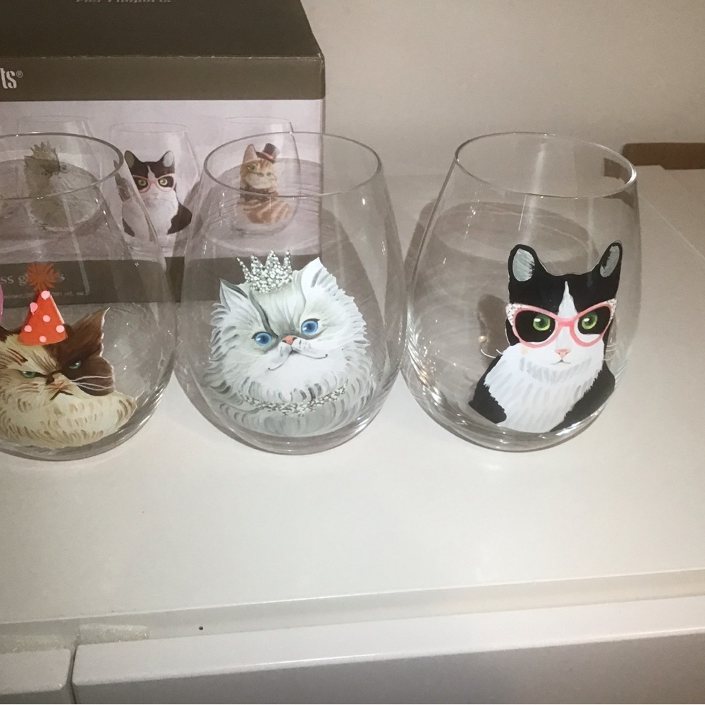 NEW Pier 1 Stemless Wine Glasses Assorted Fancy Party Cats Set Of 4 Discontinued - Picture 3 of 4